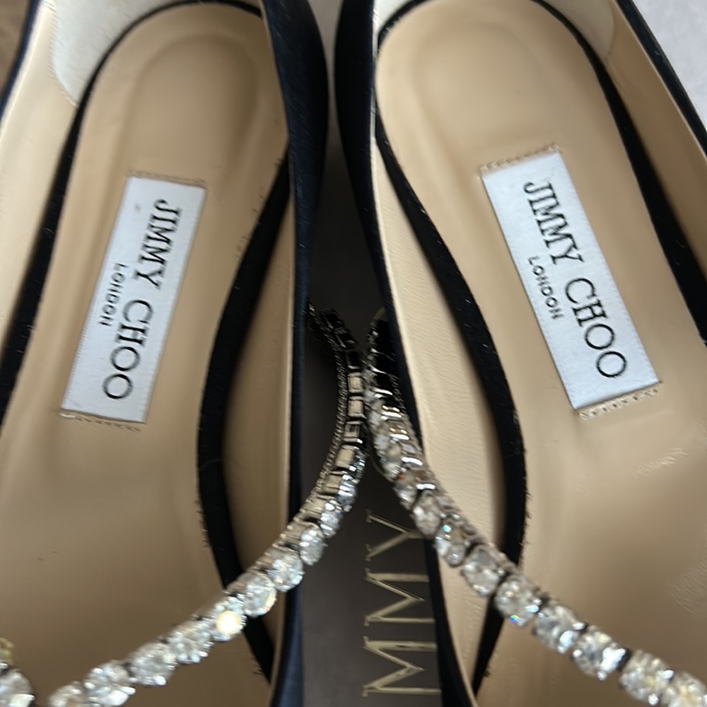Jimmy Choo Black Satin Pointed Flats with Crystal Cross-Strap Detail - Picture 4 of 8